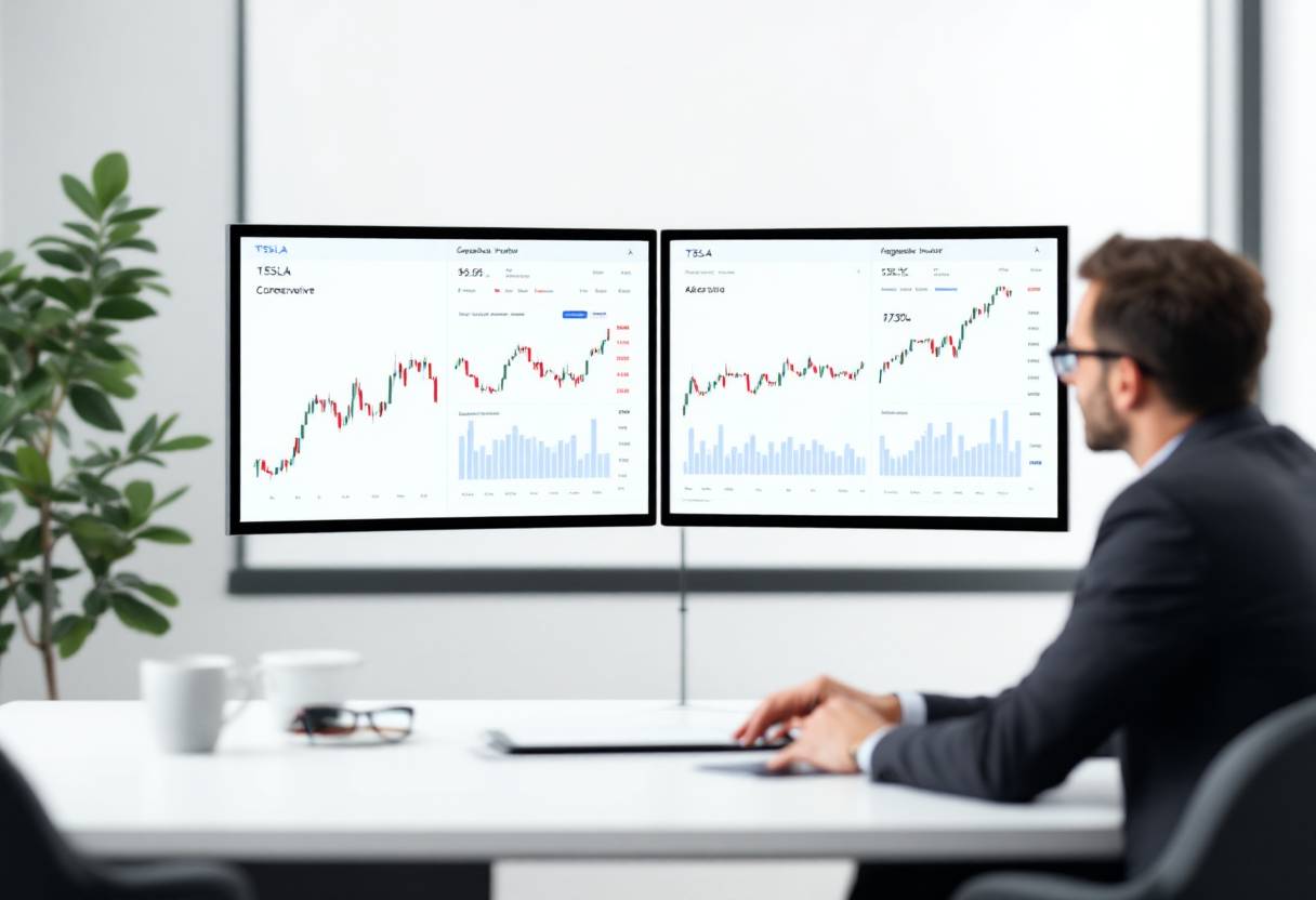 두 개의 모니터로 테슬라 주식 차트를 분석하는 남성