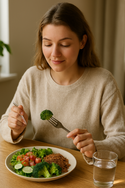 자연광이 들어오는 식사 공간에서 균형 잡힌 식단을 한 여성이 집중하며 식사하는 모습