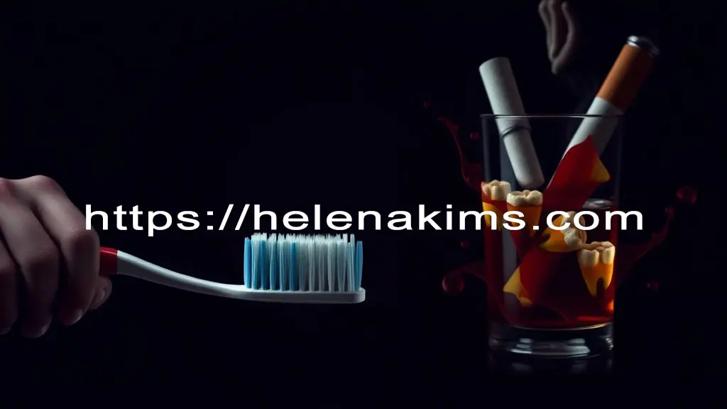 칫솔을 들고 있는 사람의 손과 유리병에 빠진 치아와 담배꽁초.