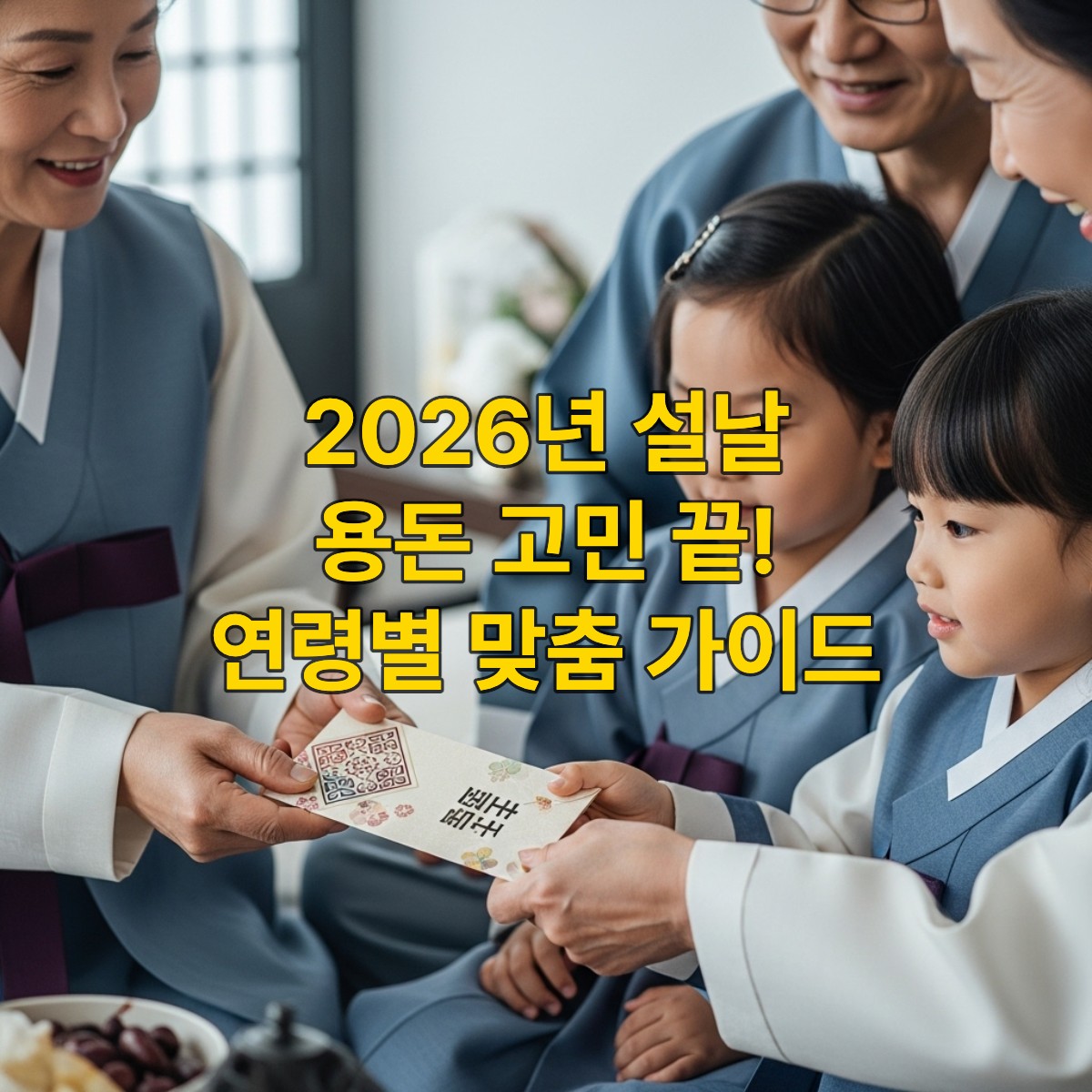 할머니가 손자에게 예쁜 전통 용돈 봉투를 건네는 따뜻한 설날 풍경.