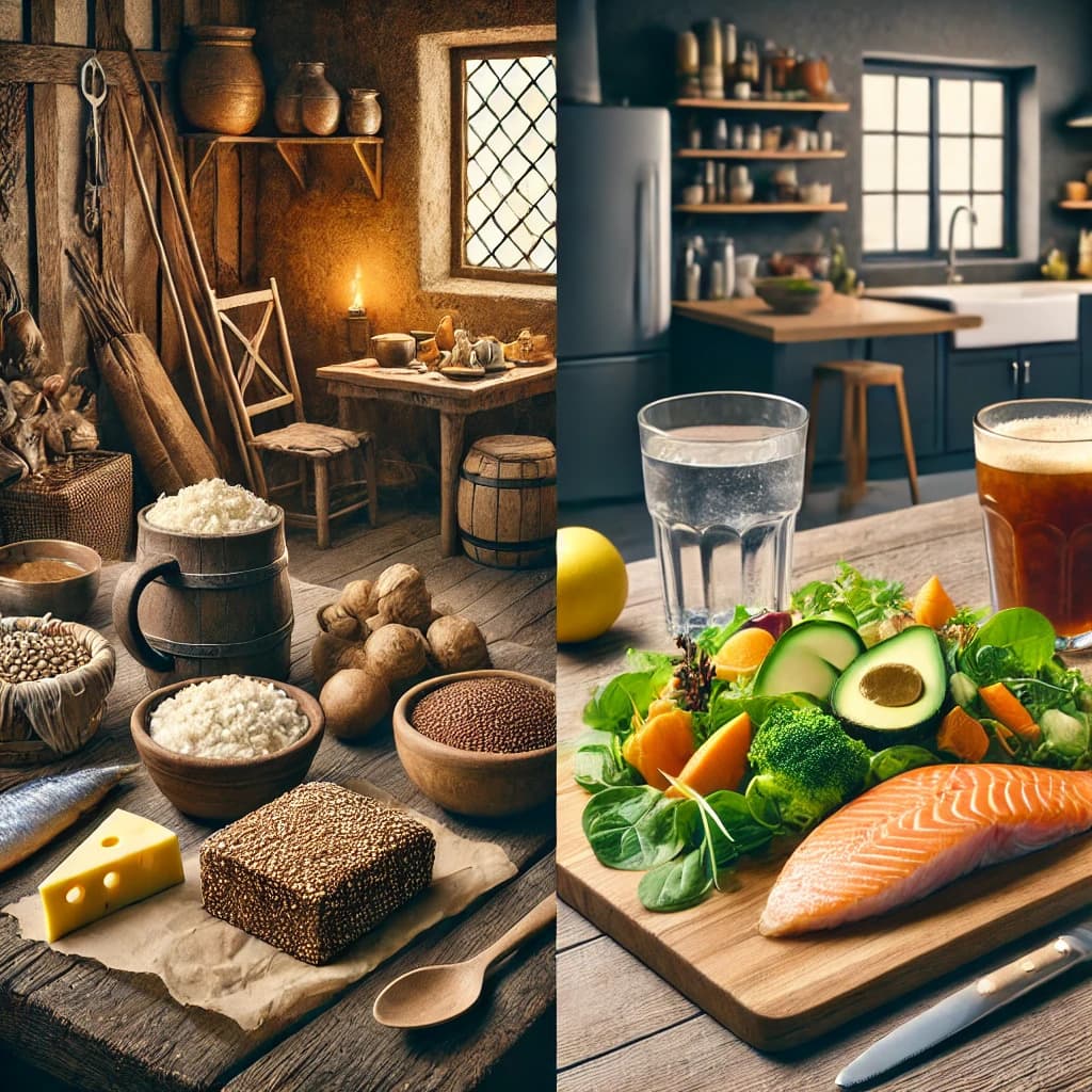 중세 농민들의 식사와 현대 다이어트 식단 이미지