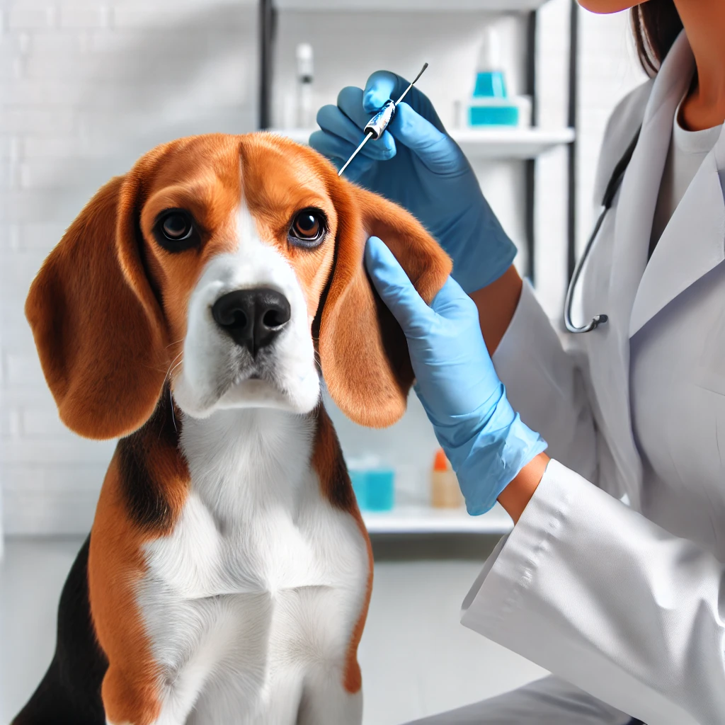 비글의 귀 상태를 점검하는 주인의 모습