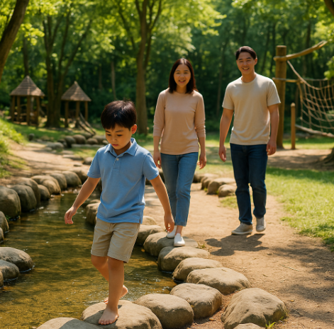 자연 속 시냇가에서 놀고 있는 아들과 그를 바라 보고 있는 부모님