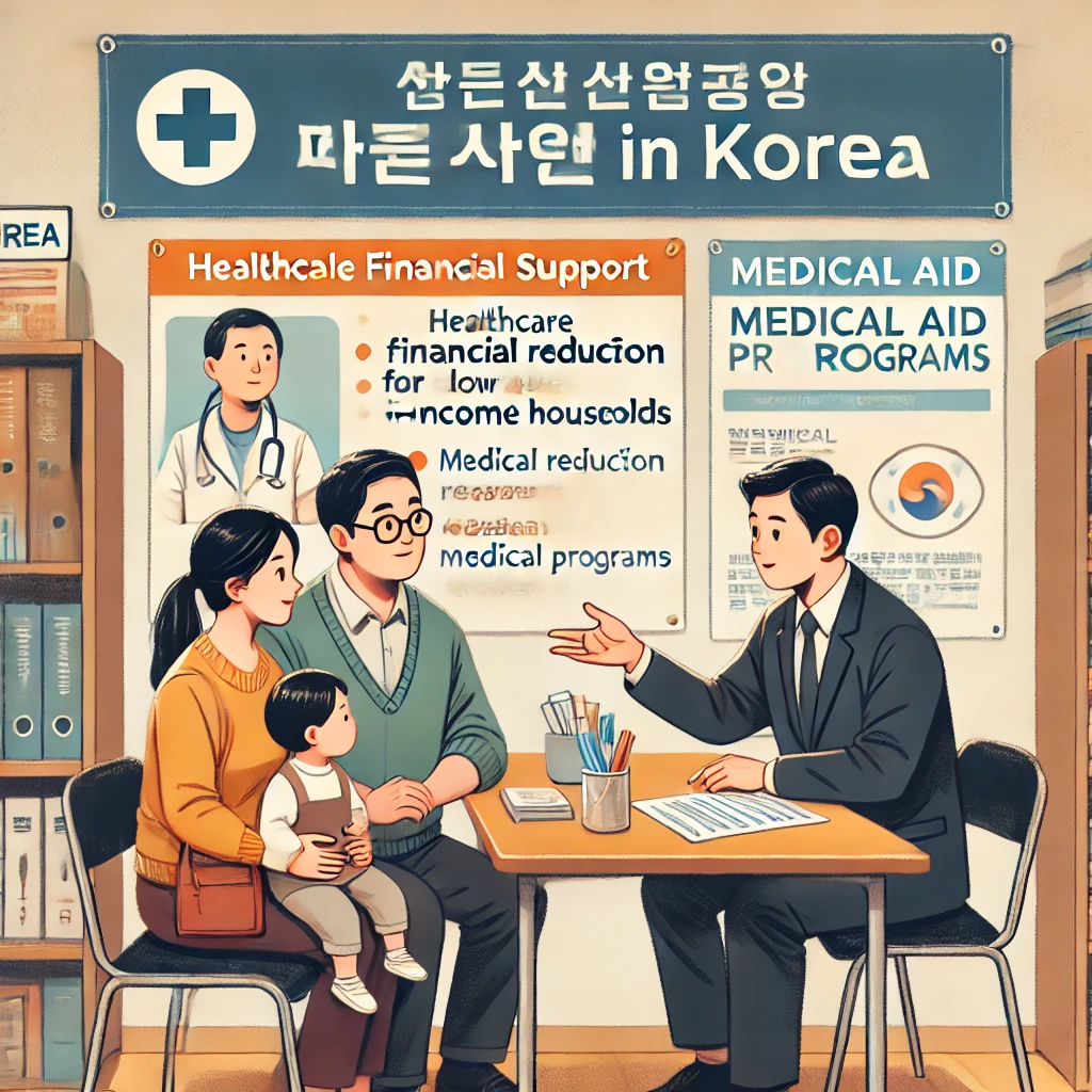 &quot;한국의 한 지역사회 센터에서 한 가족이 의료비 지원 제도에 대해 상담을 받고 있다. 정부 관계자가 저소득층을 위한 의료비 경감 혜택을 설명하고 있으며, 주변에는 복지 프로그램 관련 포스터와 안내 책자가 놓여 있다. 따뜻하고 친근한 분위기가 느껴지는 장면.&quot;