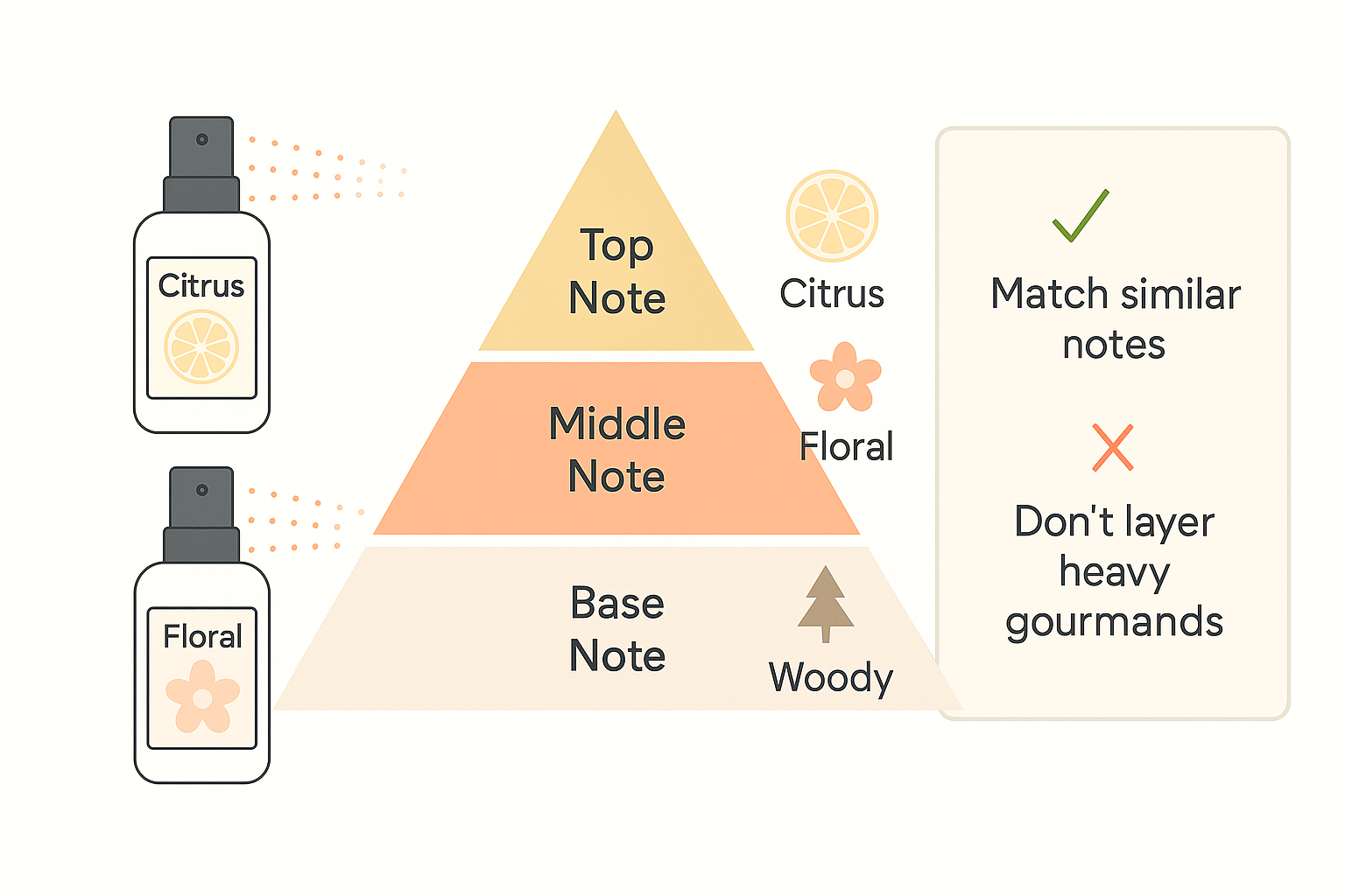 하얀 배경 위에 정갈하게 디자인된 미니멀 인포그래픽. 중앙에는 향수의 구조를 나타내는 3단 피라미드가 있으며, 각 단에는 &lsquo;Top Note&rsquo;, &lsquo; Middle Note&rsquo;, &lsquo;Base Note&rsquo;라는 라벨이 붙어 있다. 피라미드 오른쪽에는 각각 시트러스, 플로럴, 우디 향을 상징하는 아이콘이 배치되어 있으며, 왼쪽에는 두 개의 일러스트 향수 병이 각각 시트러스 향과 플로럴 향을 분사하는 장면이 단순하게 표현되어 있다. &lsquo;유사한 노트를 매칭하라&rsquo;에는 초록 체크 표시, &lsquo;헤비 구어망드는 섞지 마라&rsquo;에는 빨간 엑스 표시가 들어가 있다. 전체적으로 파스텔 색조와 산세리프 글꼴이 사용되어 현대적이고 깔끔한 인상