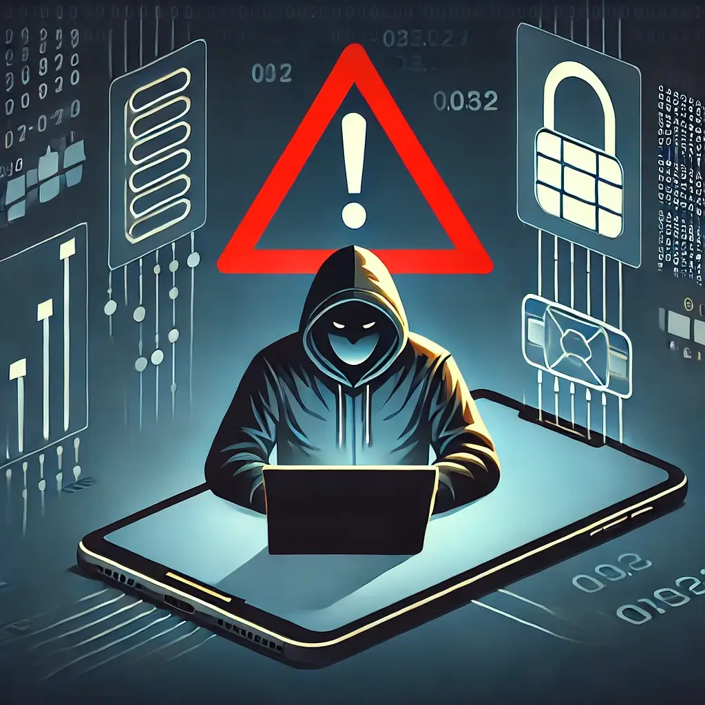 후드티를 입은 해커가 노트북 앞에 앉아 해킹 경고 아이콘이 표시된 보안 위협 이미지