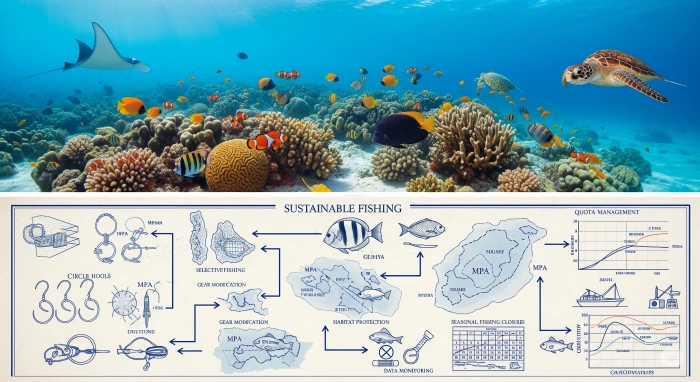 해양 생태계와 어업과 관련하여 상단에 수중모습을 비추고, 아래에는 연구자료와 같은 내용을 표현한 사진