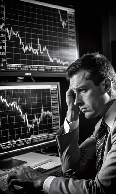 떨어지는 주식 차트를 심각하게 바라보는 남자