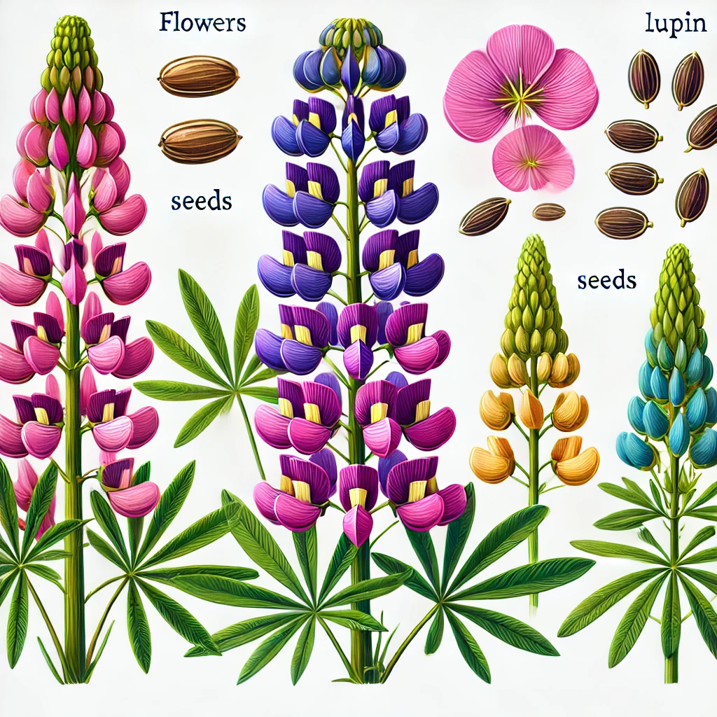 루핀 식물의 꽃과 씨앗을 보여주는 교육용 일러스트레이션