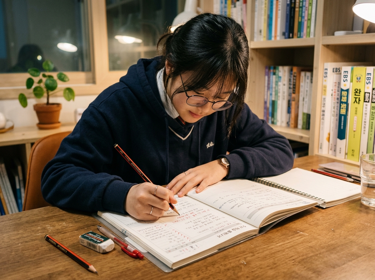 주간 과학 학습 계획을 점검하고 오답을 관리하는 학생