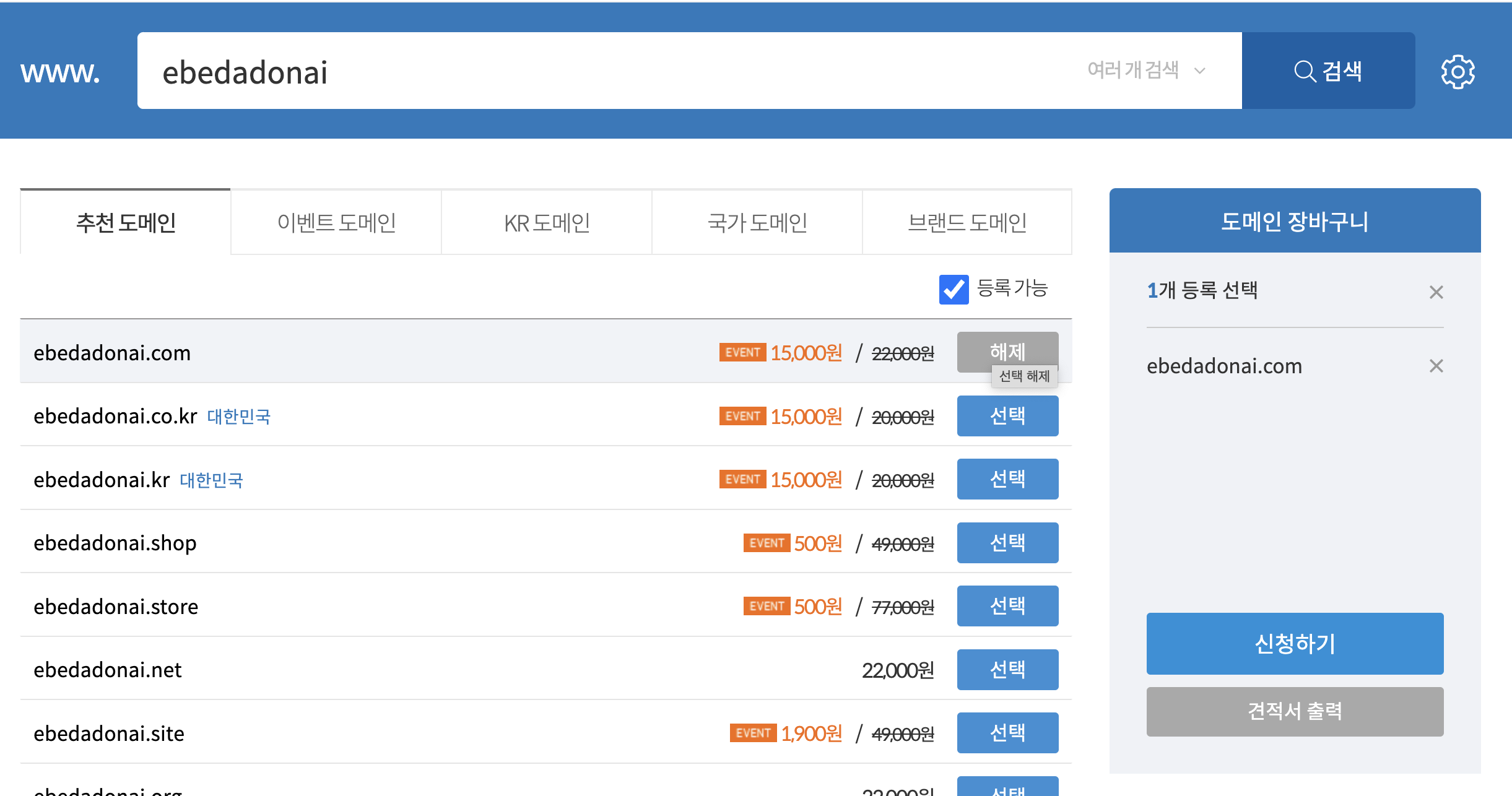 가비아 도메인 입력