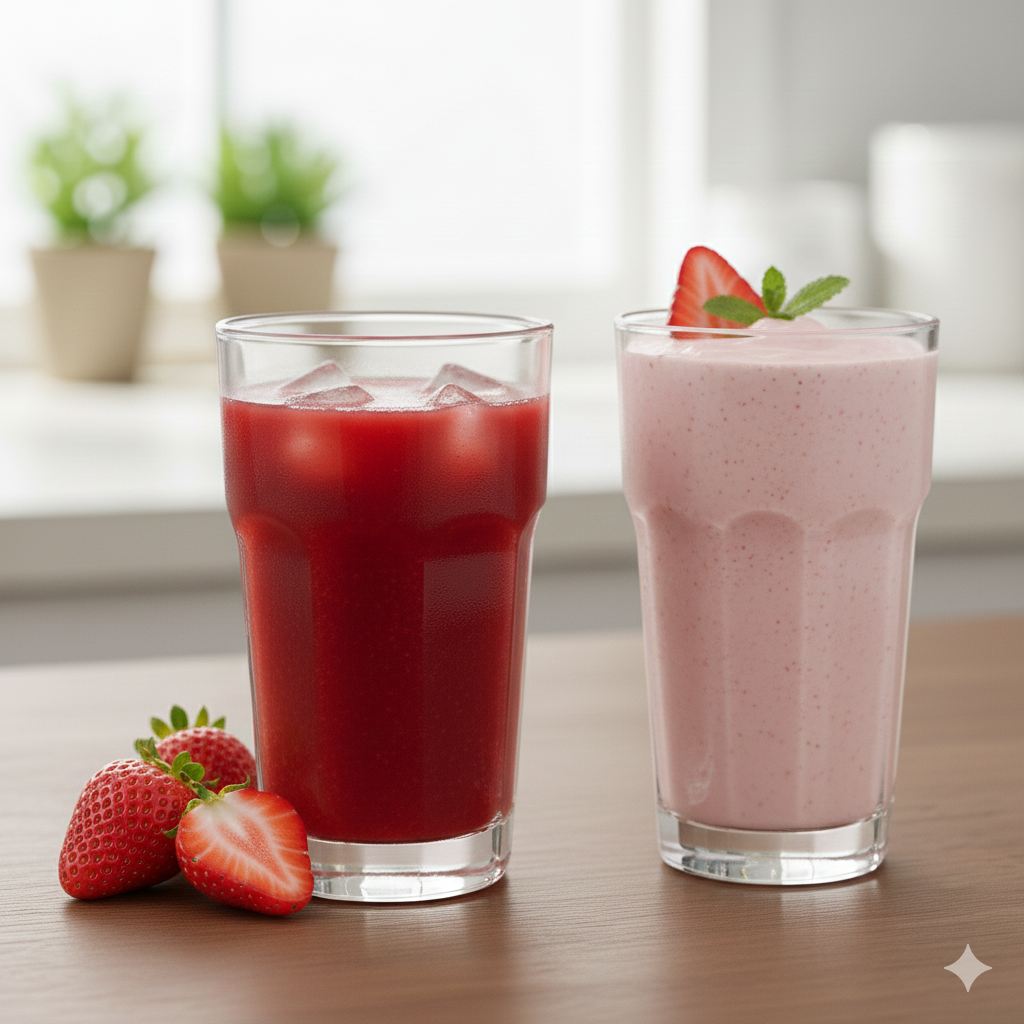 비타민 가득한 시원한 생과일 딸기 주스와 우유나 요거트와 함께 곱게 갈아내어 파스텔 핑크빛이 도는 부드러운 딸기 스무디