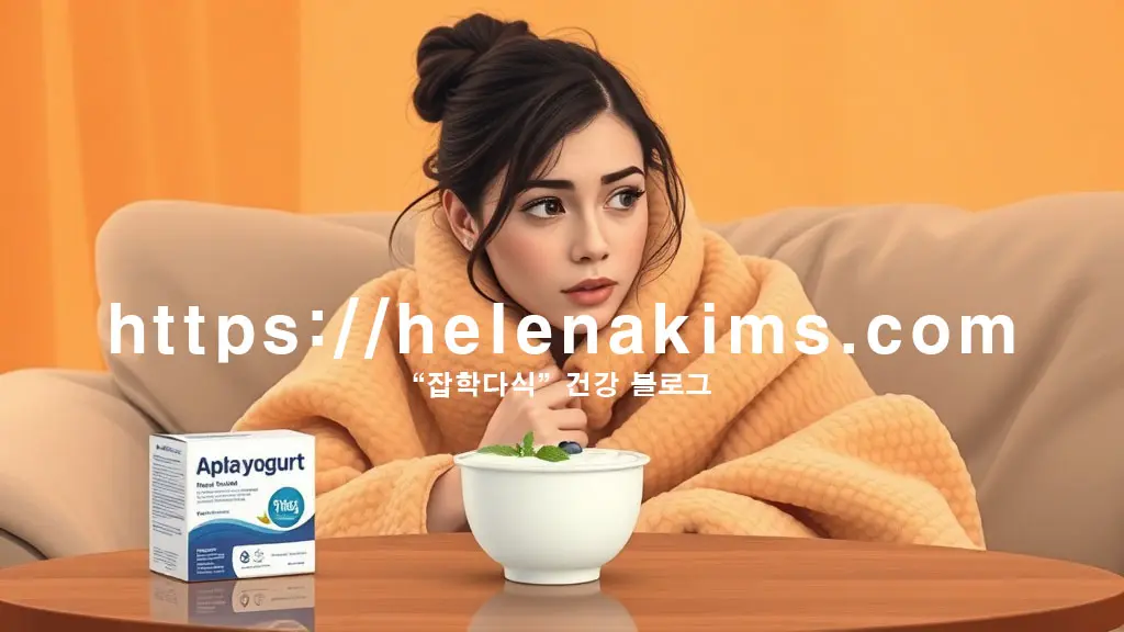 감기에 걸린 여성이 따뜻한 담요를 덮고 앉아, 테이블 위 플레인 요거트 컵과 감기약 상자를 번갈아 보며 고민하는 모습.