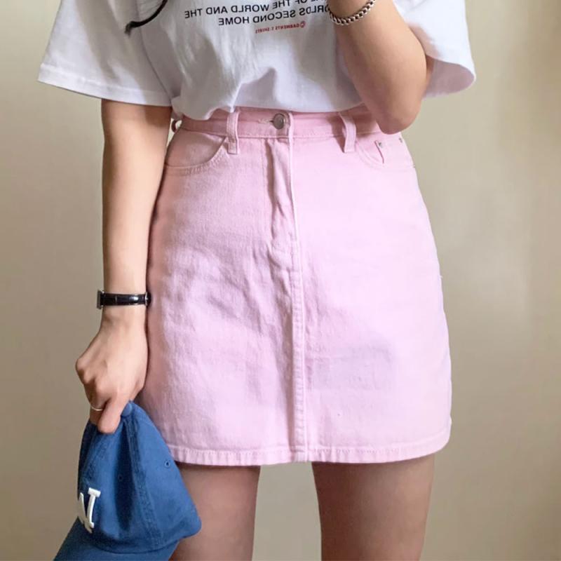 봄 여름 면 하이웨스트 핑크스커트