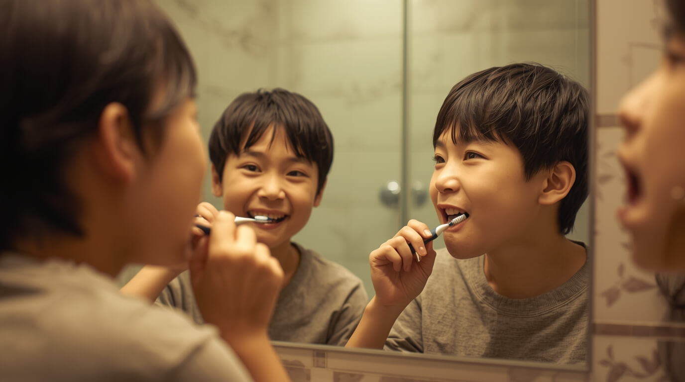 화장실에서 거울을 보며 즐겁게 양치질을 하는 아이들