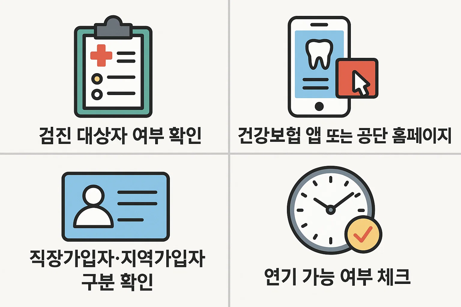 건강검진 연기 신청이 가능한 대상과 확인 절차를 정리한 인포그래픽. 직장가입자&middot;지역가입자 구분, 건강보험 앱 또는 공단 홈페이지 접속, 연기 가능 여부 체크 과정을 시각적으로 안내한 이미지.