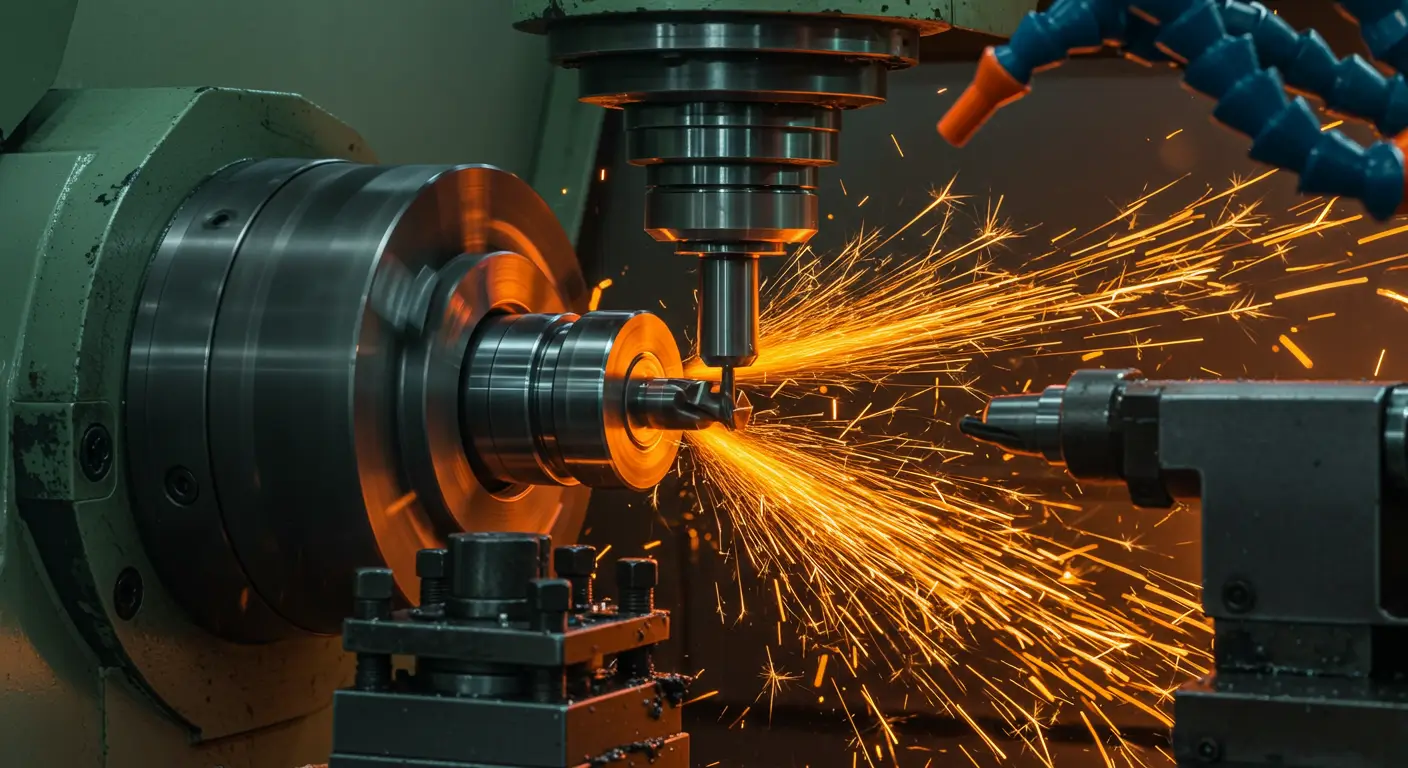 컴퓨터응용선반기능사가 다루는 CNC 선반이 정밀하게 금속 부품을 가공하고 있는 모습