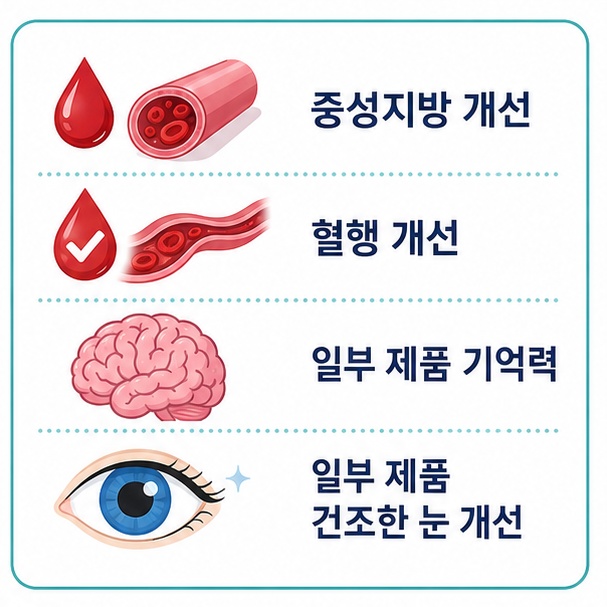 오메가 3의 혈중 중성지방과 혈행 개선 기능, 일부 제품의 기억력과 건조한 눈 개선 기능을 정리한 이미지