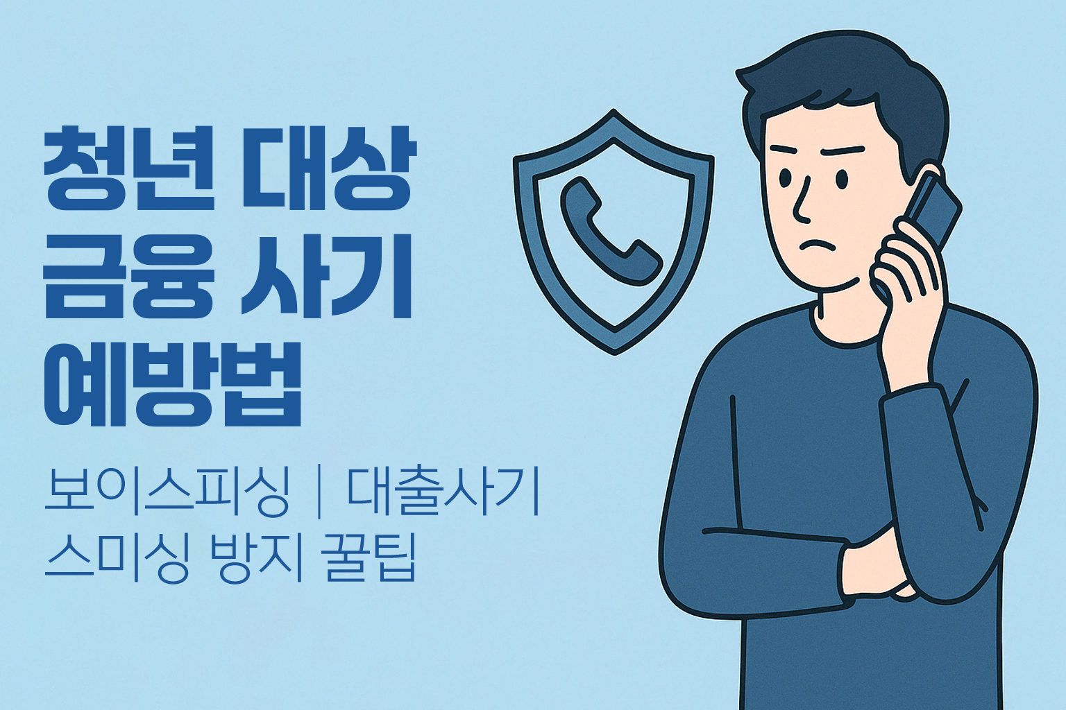 청년 대상 금융사기 예방법 – 보이스피싱, 대출사기, 스미싱 방지 꿀팁 - 연한 파란 배경 위에 왼쪽은 안내 텍스트, 오른쪽은 걱정스러운 표정으로 휴대폰을 들고 있는 청년과 'SCAM' 방패 아이콘이 있는 정보 이미지