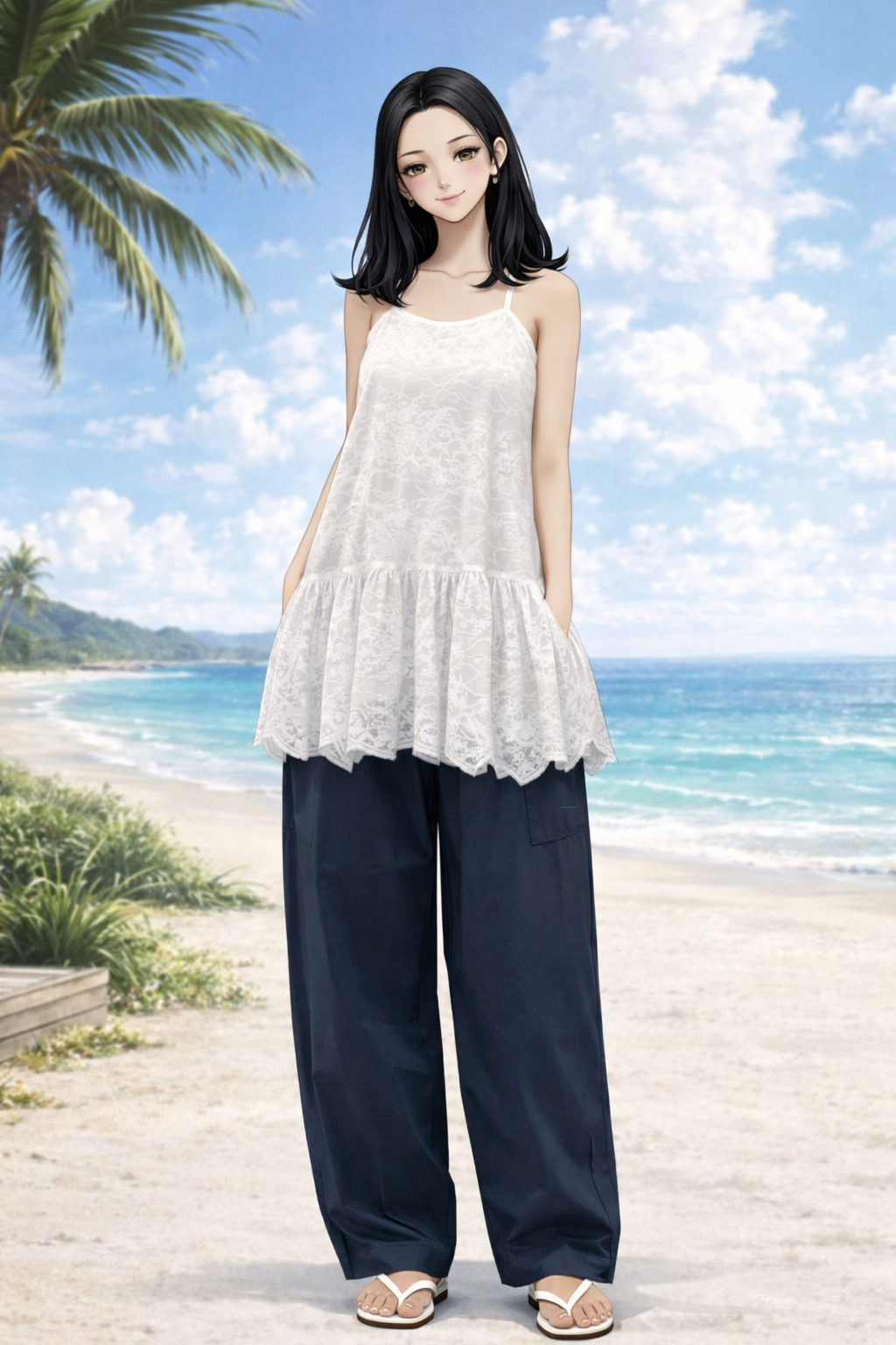 K-Fashion Lace Strap Sleeveless Top With Cargo Pants And Casual Sheer Style