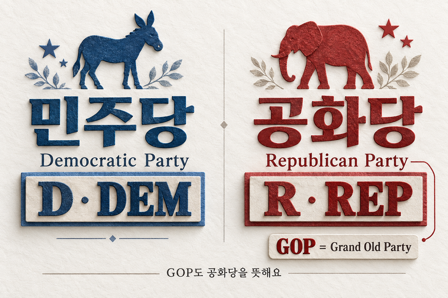 민주당 Democratic Party의 D·DEM과 공화당 Republican Party의 R·REP·GOP를 연결한 안내
