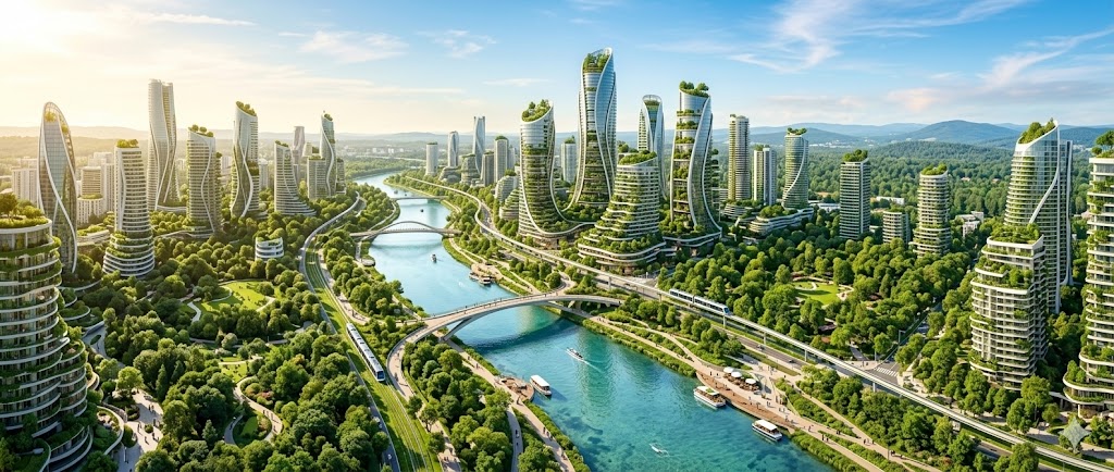 A harmonious landscape blending a high-tech futuristic city with warm nature, symbolizing a hopeful ideal future.