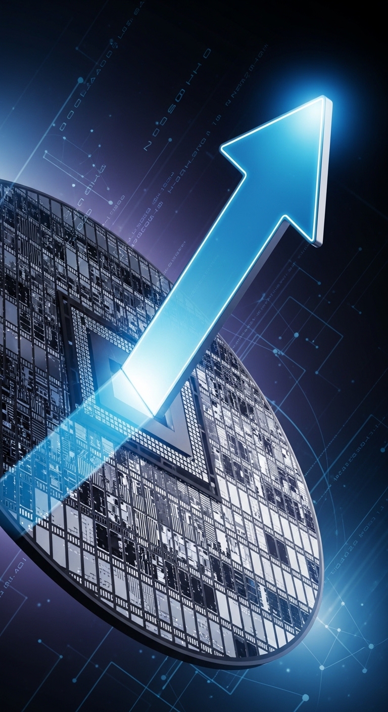 반도체 웨이퍼를 형상화한 그래픽과 상승하는 화살표가 있는 미래 지향적 이미지9:16