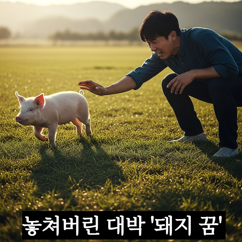 들판에서 도망가는 돼지를 향해 다급하게 손을 뻗고 있지만 닿지 않아 허탈해하는 사람의 모습과 긴 그림자가 드리운 신비로운 일러스트