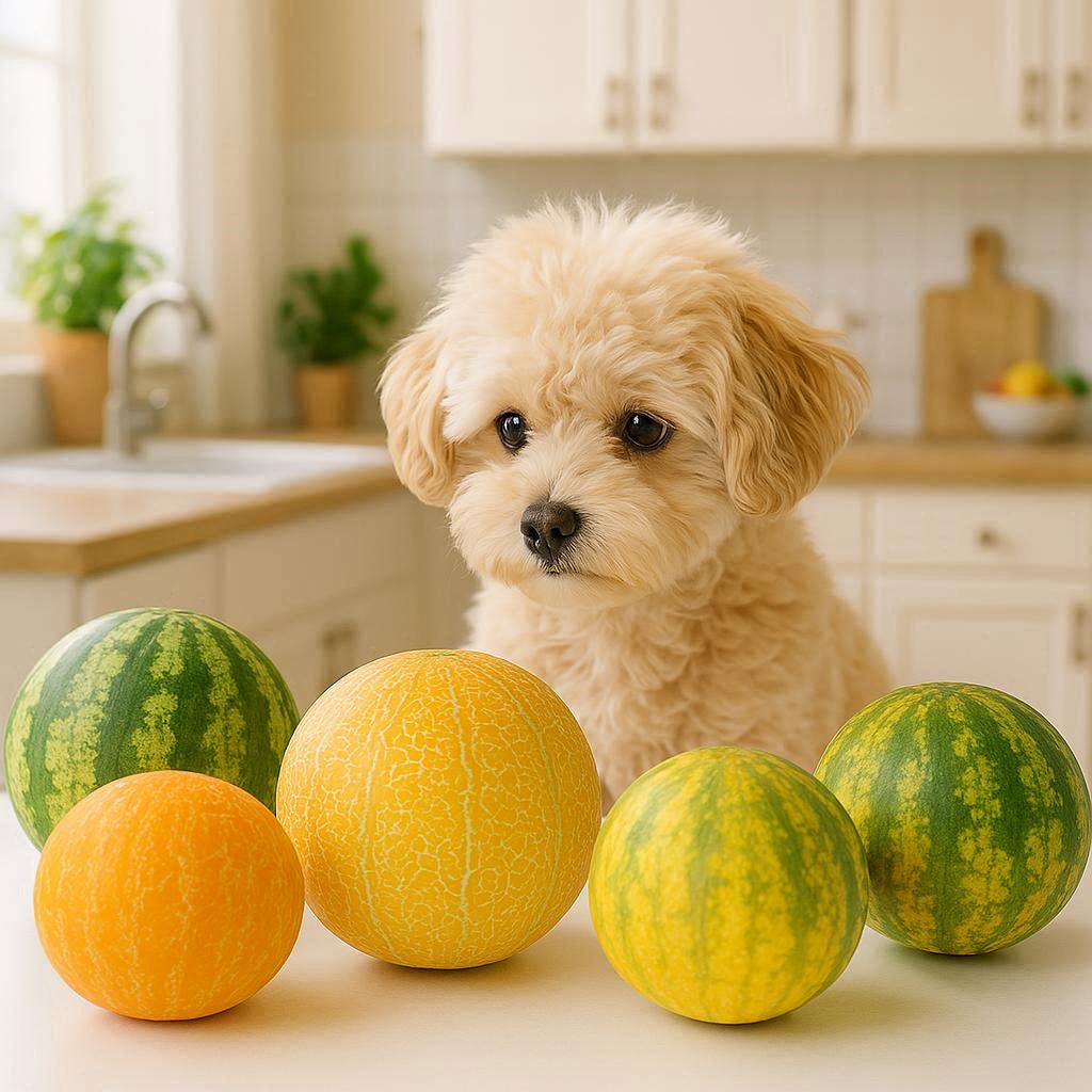 식탁-위-참외를-바라보고-있는-강아지