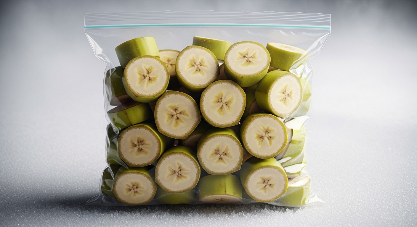 잘 익은 바나나를 먹기 좋은 크기로 썰어 지퍼백에 담아 냉동 보관하는 모습. 스무디나 베이킹 재료로 활용하기 위해 신선하게 얼린 바나나 조각들.