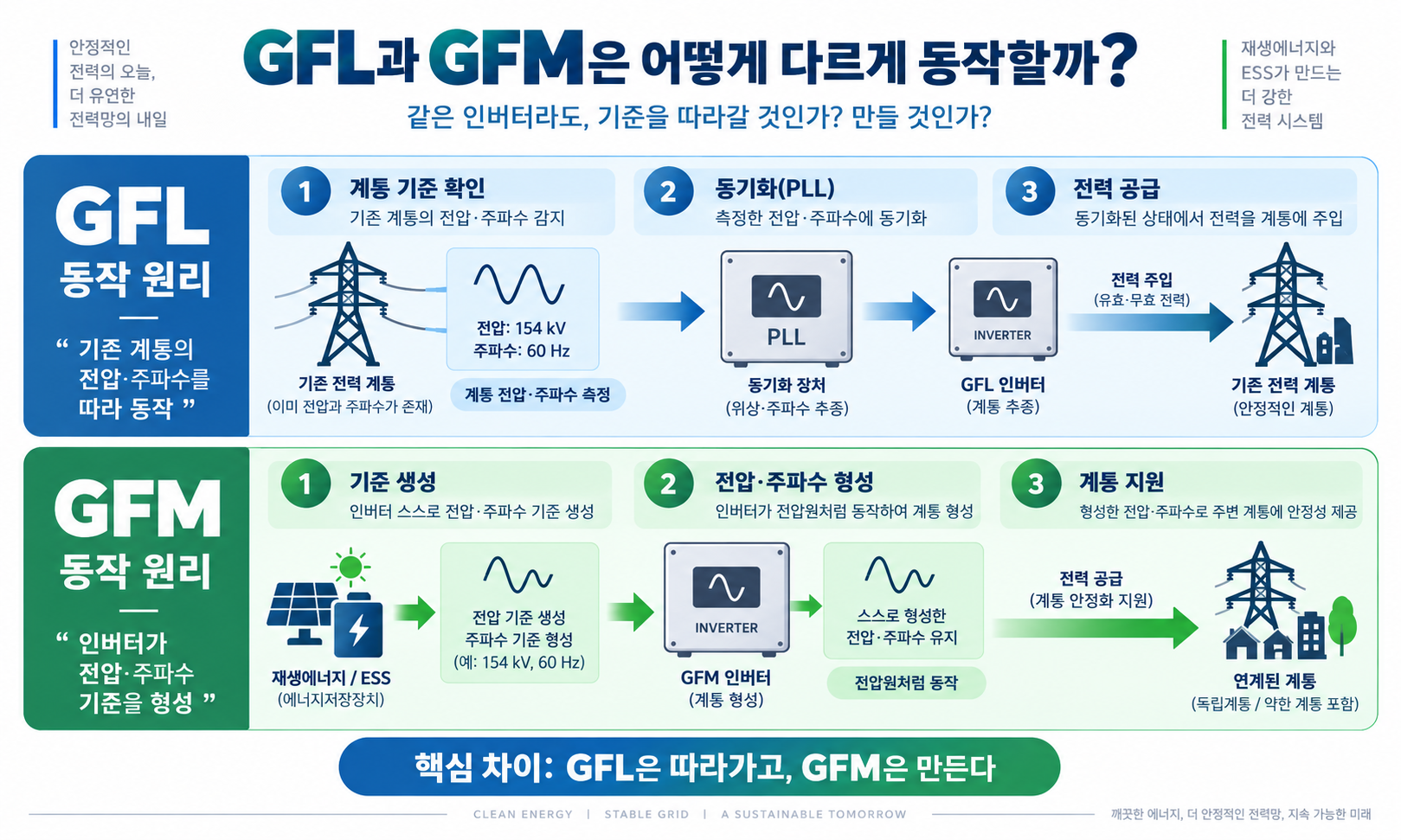 GFL의 PLL 계통 추종 방식과 GFM의 전압 주파수 형성 원리를 비교한 인포그래픽