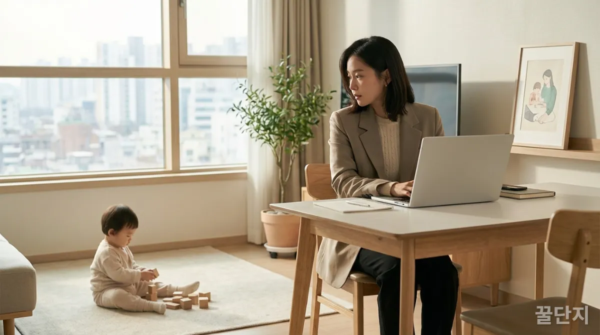 재택근무 중인 한국인 부모와 옆에서 노는 아이