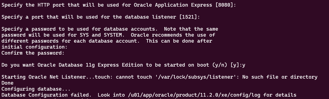starting oracle net listener...touch: cannot touch '/var/lock/subsys/listener': no such file or directory