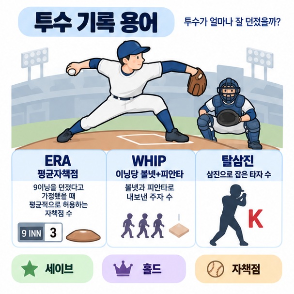 ERA, WHIP, 탈삼진, 세이브 등 투수 기록 용어를 정리한 이미지