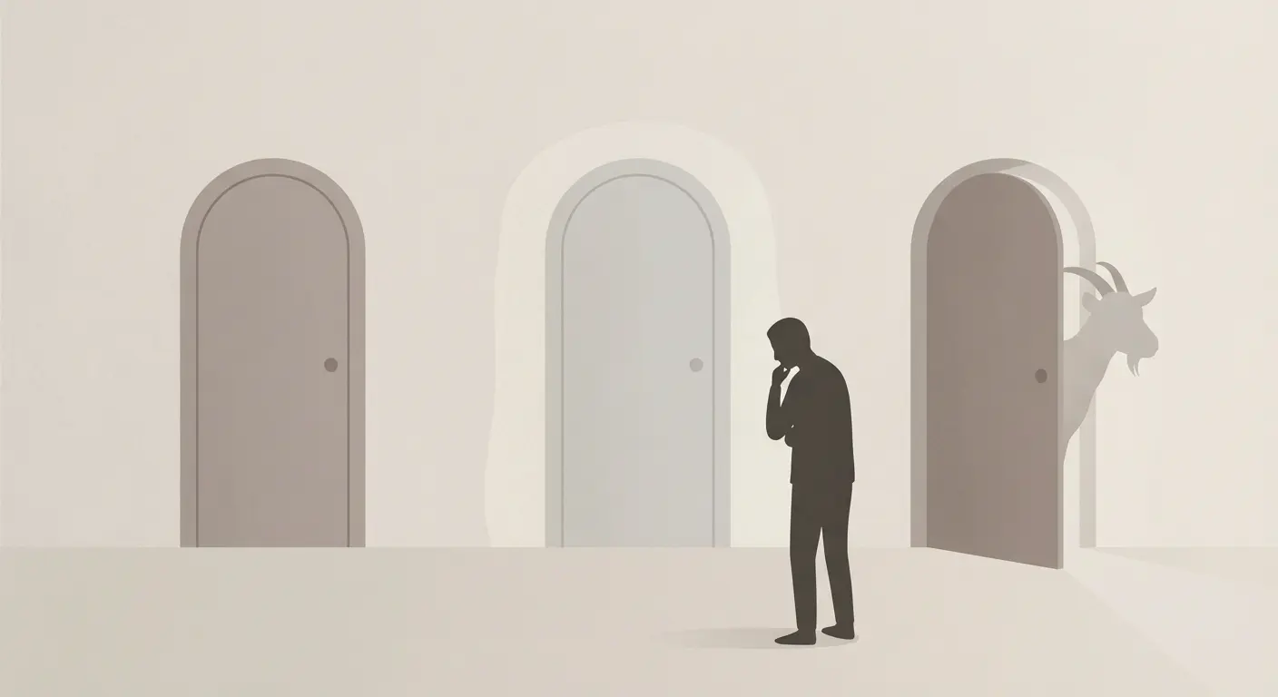 An illustration showing the Monty Hall problem as a judgment process rather than a probability puzzle