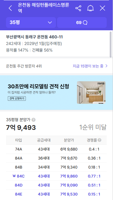 해링턴 플레이스 명륜역 아파트 가격정보