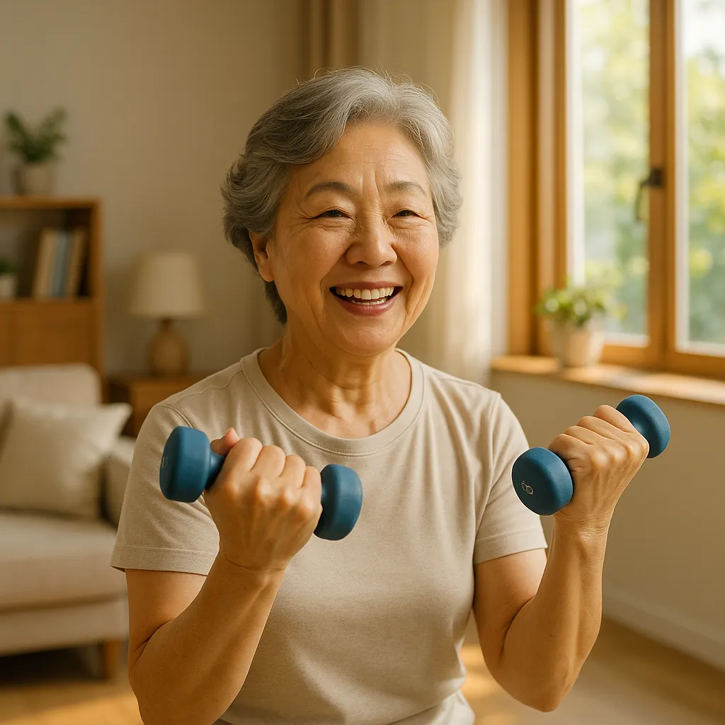 70대 여성이 밝은 햇살이 들어오는 거실에서 작은 아령을 들고 활기차게 근력 운동을 하는 모습