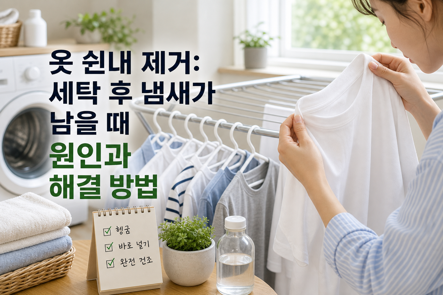 세탁 후 냄새가 남는 옷을 건조대 앞에서 확인하는 장면