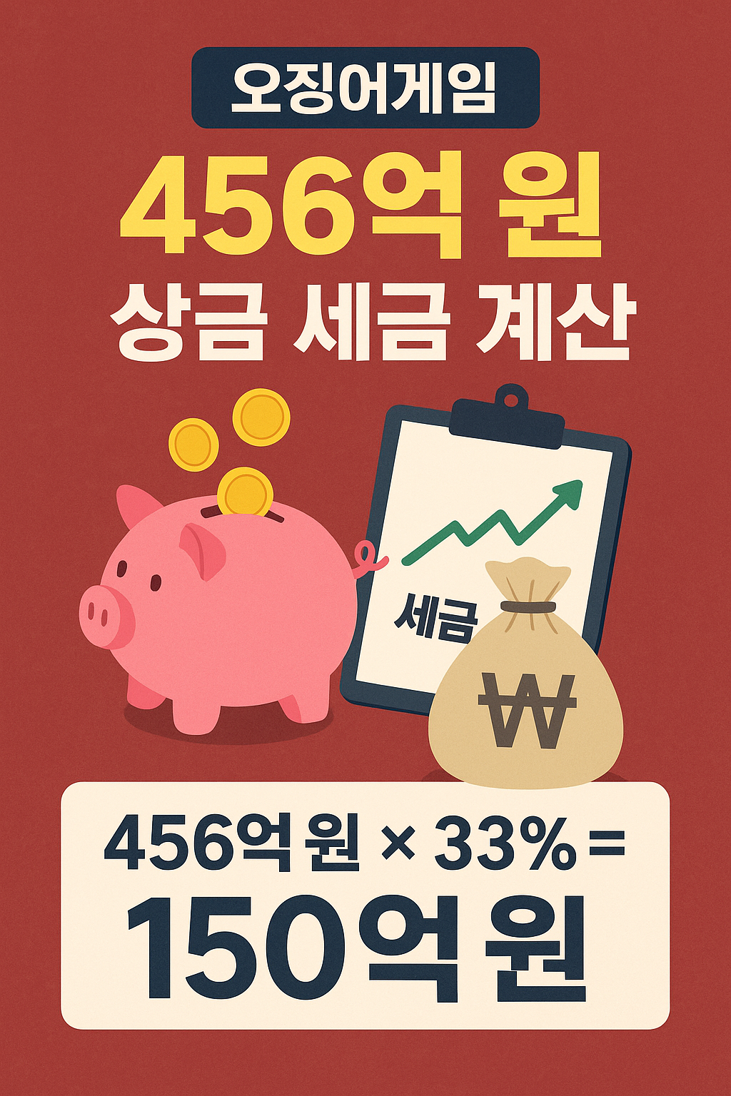 영화 '오징어 게임'의 456억 원 상금에 대한 세금 계산 배너, 33%인 약 150억 원이 세금으로 계산되며 저금통과 돈 주머니 아이콘이 보임