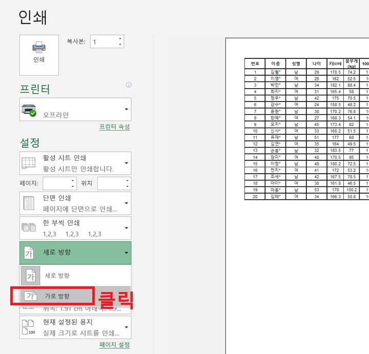 선택창에 세로방향, 가로방향 메뉴 보임