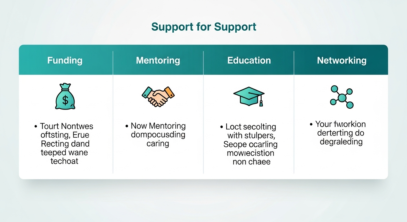 지원금, 멘토링, 교육, 네트워킹 등 다양한 창업 지원 항목이 깔끔하게 정리된 표 그림