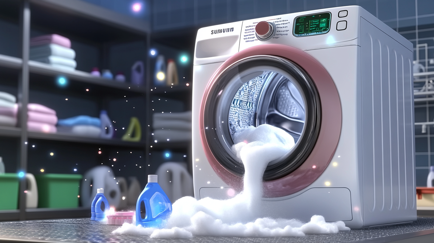 삼성의 독특한 세탁 알고리즘을 창의적으로 시각화한 이미지로, 무게 센서와 세제 최적화가 동적 그래픽 요소로 표현되어 있습니다.