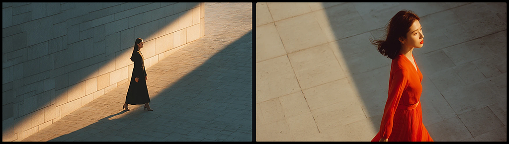 하이 앵글로 내려다본 미니멀한 테라스 위 여성 모델, 긴 그림자와 따뜻한 노을빛이 강조된 감성 화보컷 생성 예시_Midjourney