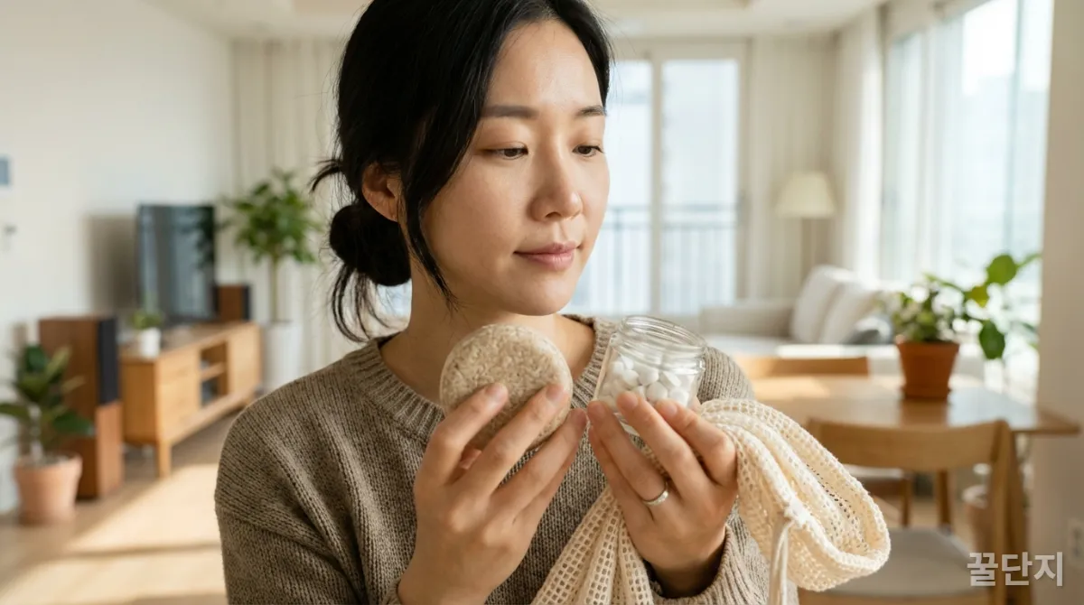 친환경 제품을 들고 고민하는 한국 여성의 모습