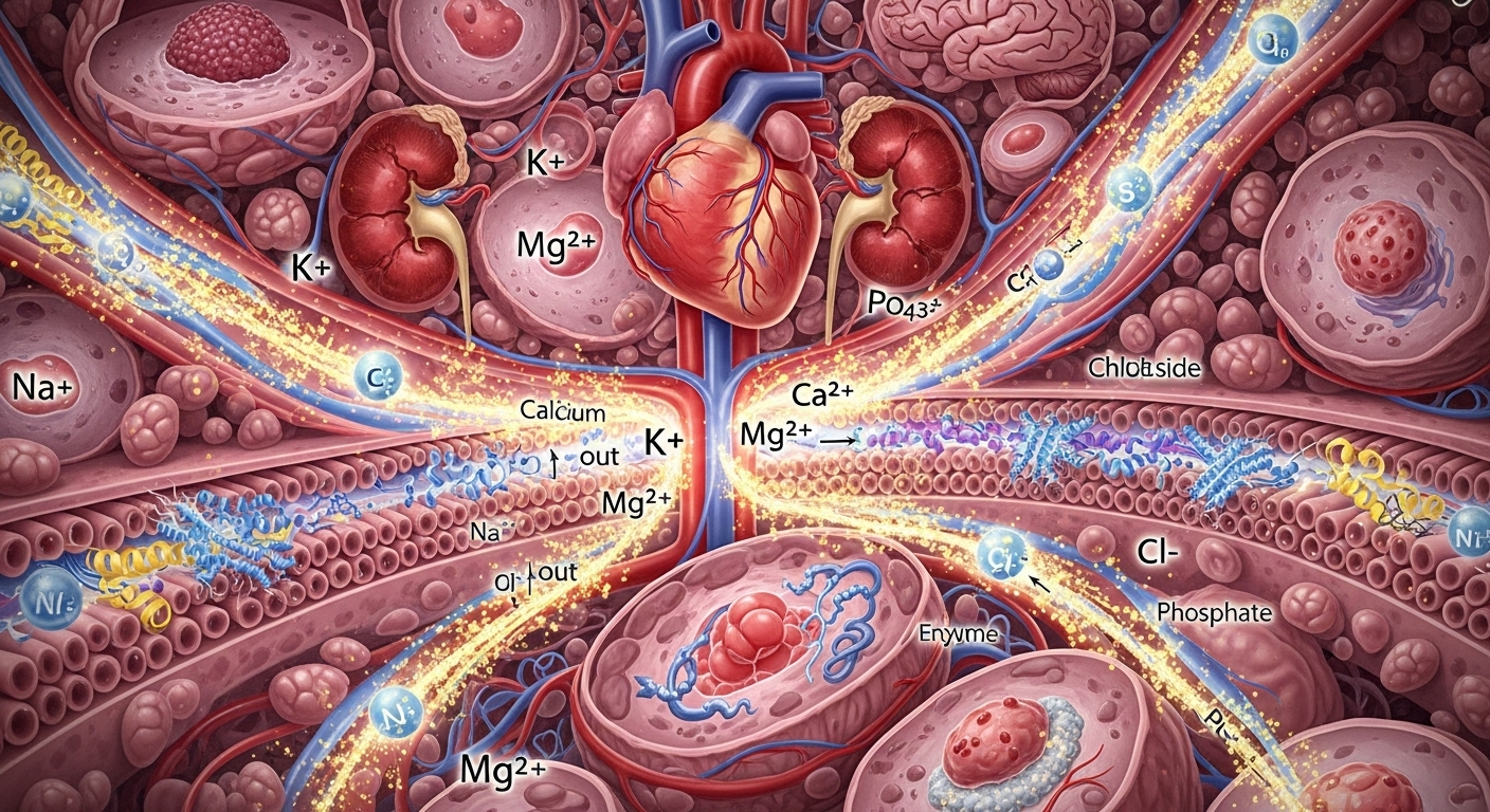 인체 내 세포와 시스템에서 활발하게 작용하며 균형을 이루는 필수 미네랄들을 시각적으로 표현한 이미지. 미네랄의 중요성을 보여줍니다.