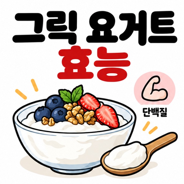 그릭 요거트 한 그릇과 숟가락 옆에 그릭 요거트 효능 문구를 크게 보여주는 대표 카드