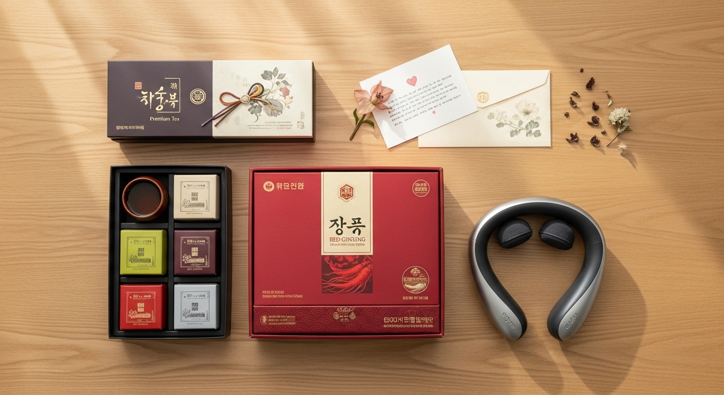 고급 홍삼, 목 마사지기, 손글씨 용돈 봉투, 프리미엄 차 세트 등 다양한 부모님 선물들이 정성스럽게 놓여있는 모습