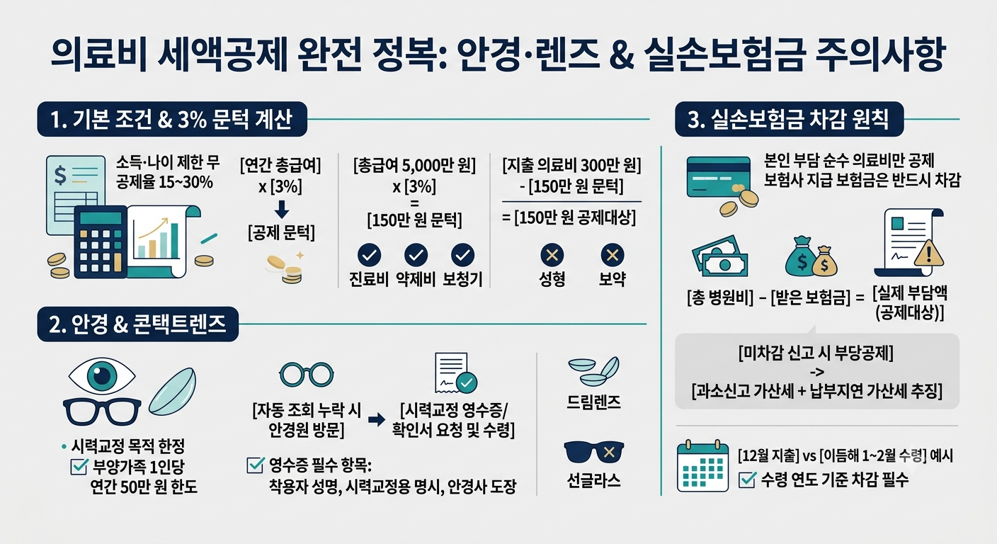 의료비 세액공제 총급여 3% 문턱 계산 안경 렌즈 한도 실손보험금 차감 주의사항 총정리 인포그래픽