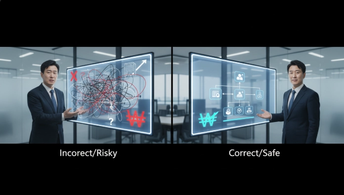 스마트공장 특수관계인 거래 시 불인정되는 위험한 유형과 인정받는 안전한 거래 방식을 대비하여 보여주는 한국적 비교 이미지.