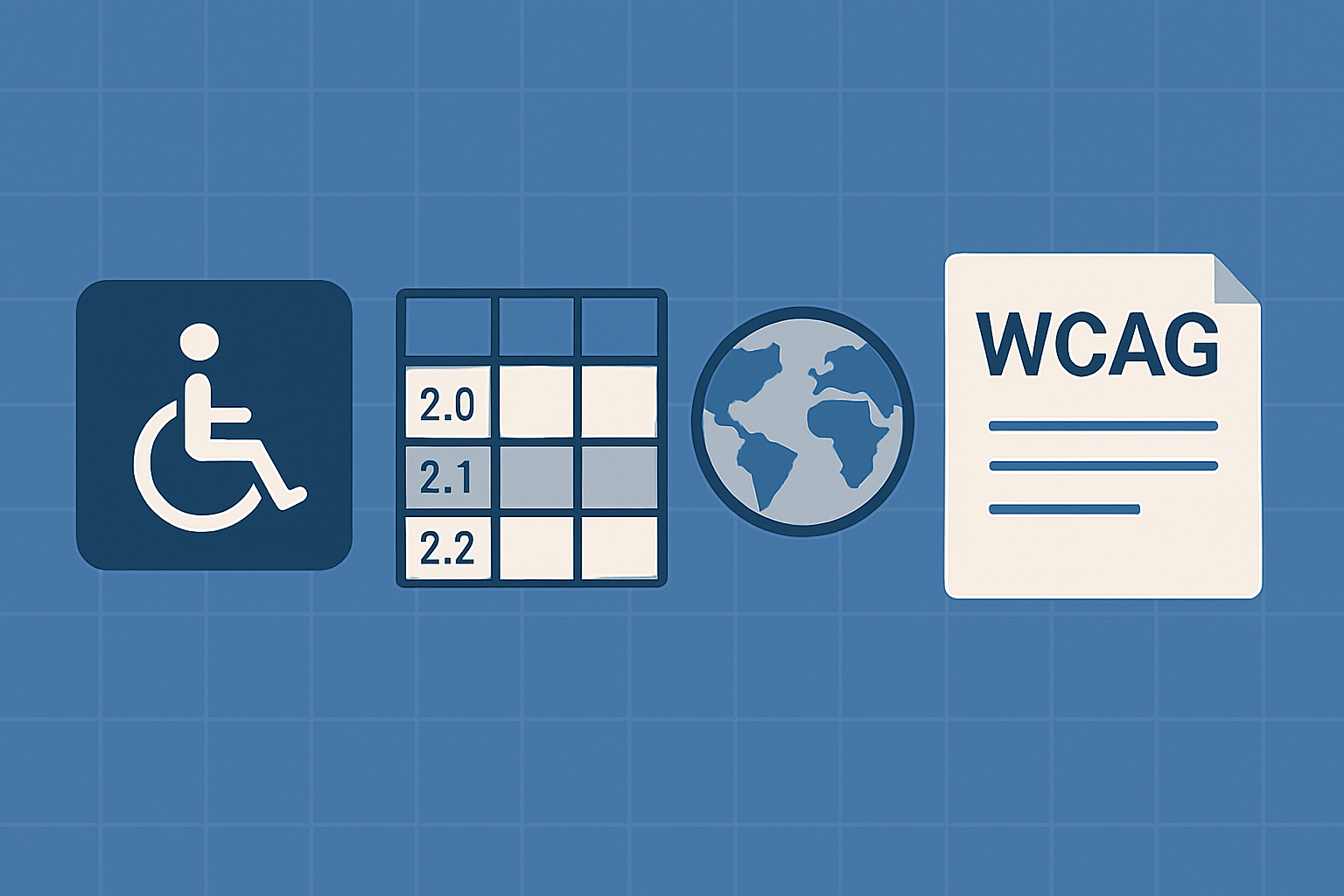 WCAG 웹 접근성 가이드를 상징하는 구조적 아이콘: 접근성, 버전 비교, 국제 채택, 국내 적용.